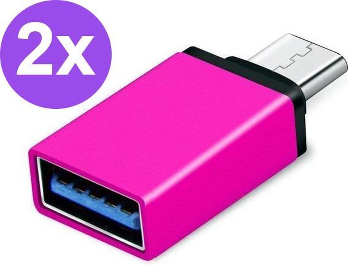 Set van 2 USB-C naar USB-A adapter OTG Converter USB 3.0 - USB C to USB A HUB Verloop - Roze