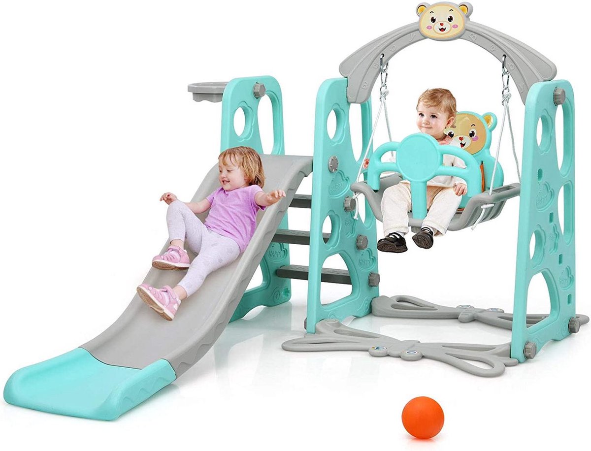 Bobby's Adventure Kinderglijbaan - Schommel - 4 in 1 Speelplaats - Basketbalmand - Voor Kinderen - Binnen en Buiten - 142 x 176 x 111 cm