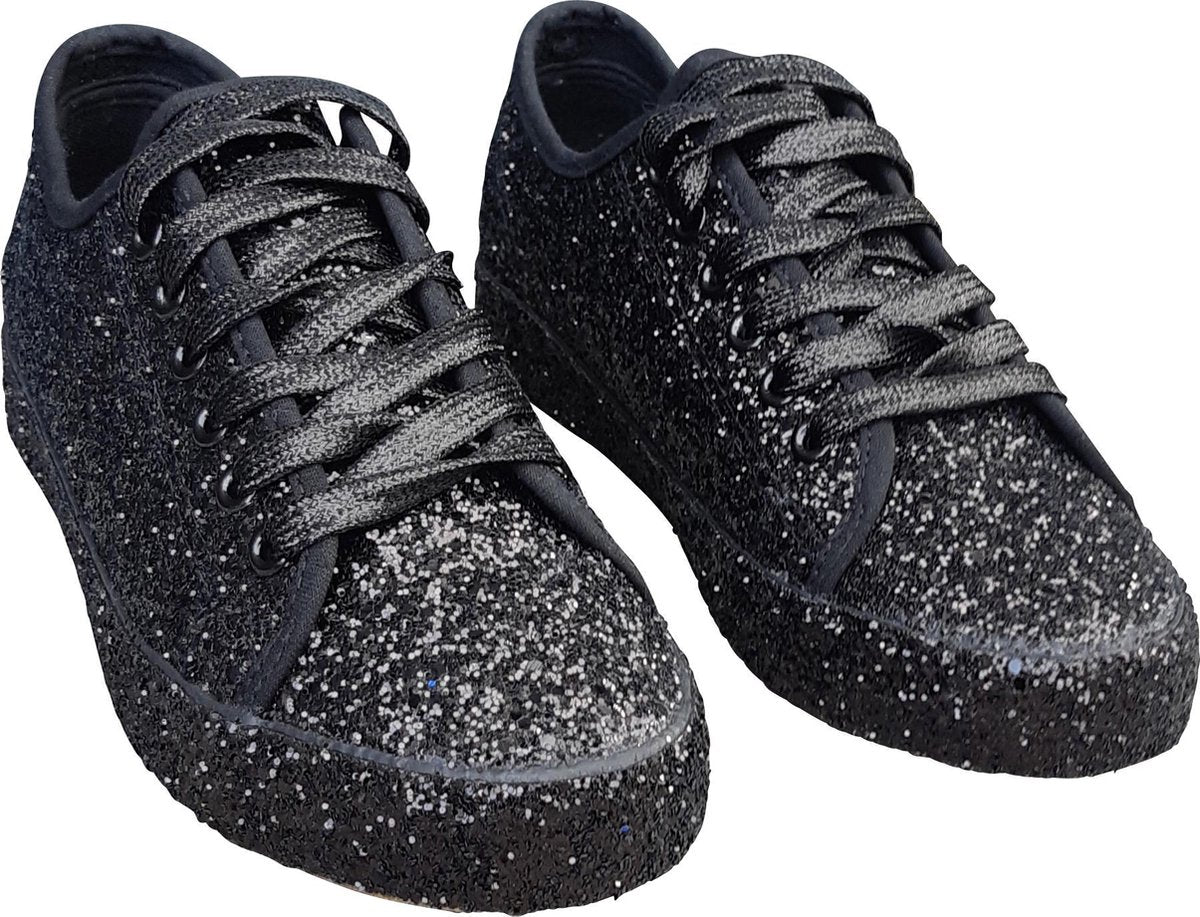 Dames – glitter sneaker - rock ’n roll schoen – gay pride - party shoe - shine schoe – jaren 60 - De Toppers - feest – festival - kerstmis - carnaval – zwart – 37