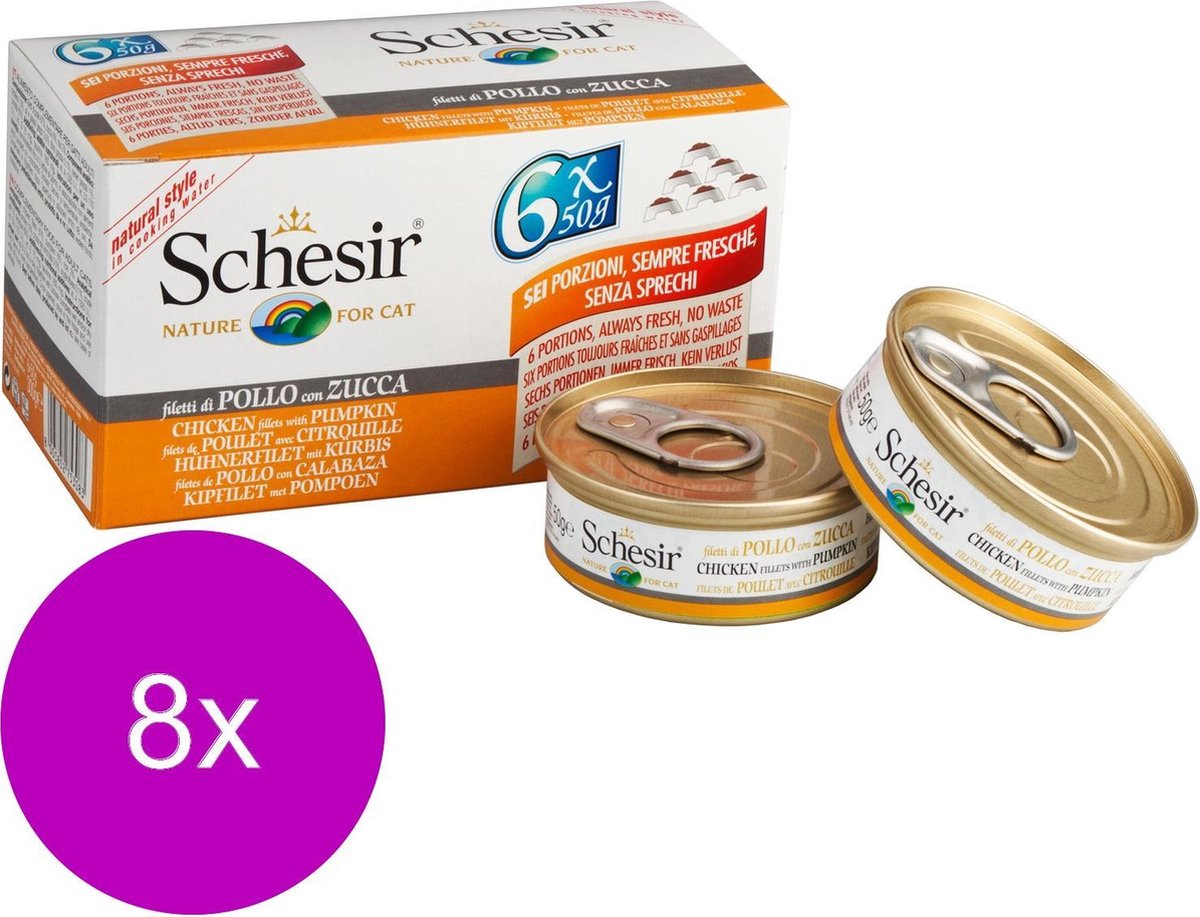 Schesir Kat Mp Blik Gekookt 6x50 g - Kattenvoer - 8 x Kipfilet&Pompoen