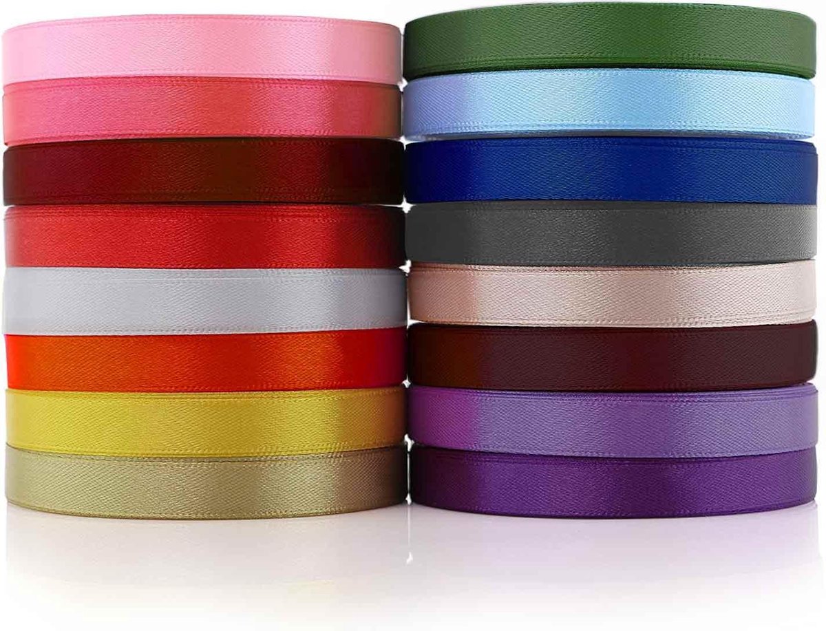 Allerion Satijnen Linten Set – 16 Verschillende Kleuren – 12mm Breed -  22 Meter Lang – Inclusief Geschenkdoos