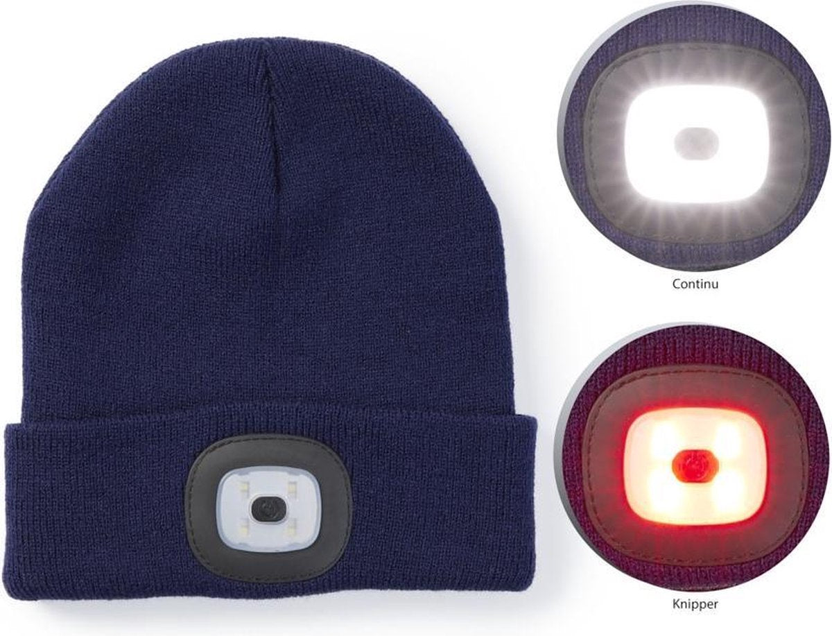 TECHNOSMART Muts met LED Verlichting – Blauwe Beanie – Unisex – One Size – Warme Hardloopmuts