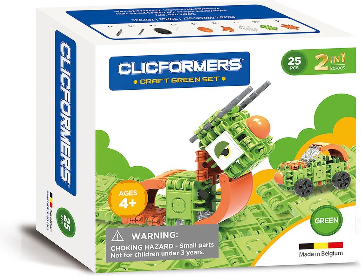 Clicformers bouwblokken  - Craft Set groen 25 pcs bouwset - gepatenteerd constructie speelgoed - made in Belgium bouwspeelgoed