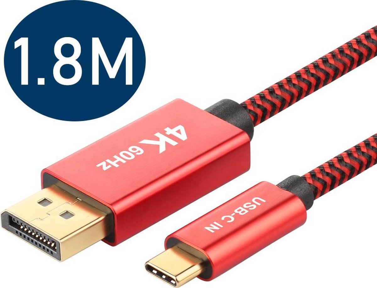 USB-C naar Displayport Adapter - Converter - Ondersteunt 4K 60HZ - Geschikt Voor - Apple / iMac / Macbook (Pro) - Type C naar Display port - 1.8 meter - Rood