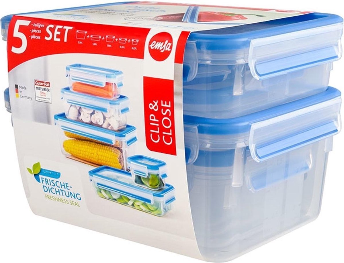 CLIP & CLOSE vershouddoos. set van 5 stuks. 0.25 / 0.55 / 1.00 / 1.20 / 2.3 L