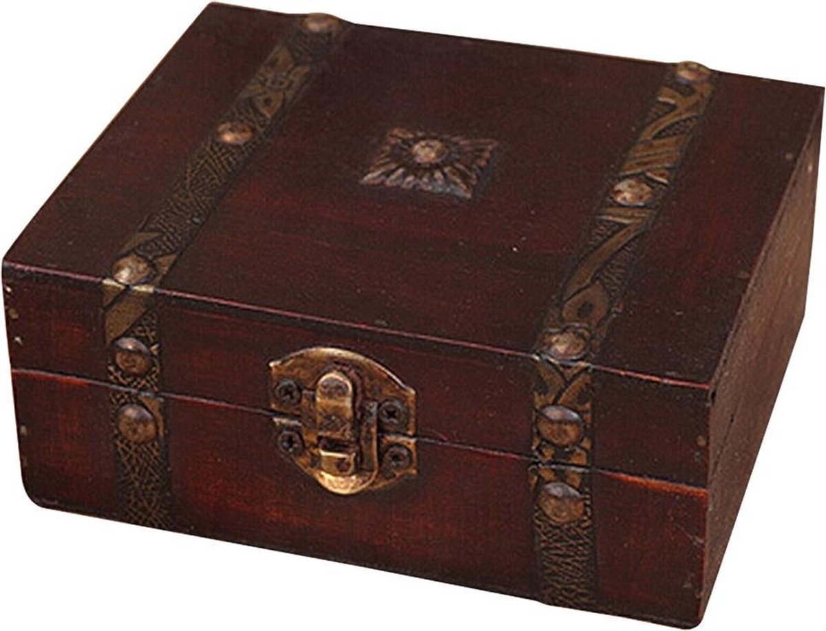 WiseGoods Sieradendoosje Hout - Juwelendoos - Vintage Retro Sieraden Kistje - Brocante - Opbergdoosje - 13x12x5.4 cm - Rood Bruin