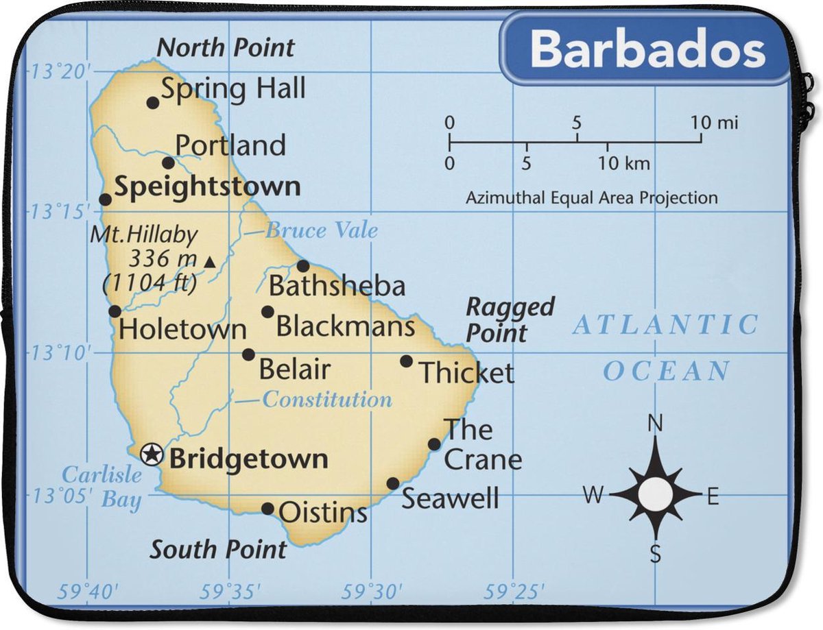 Laptophoes 17 inch - Illustratie van een kaart van Barbados met een blauwe rand - Laptop sleeve