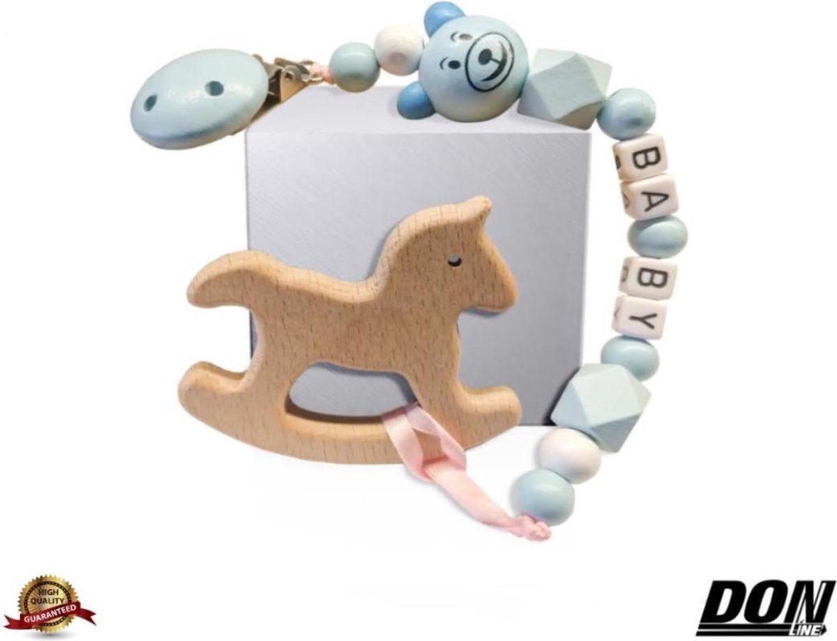 1 x Blauw Houten Kralen Speenkoord / Babyfopspeenketting / Fopspeenketting / Baby Bijtring Anti-drop Beukenhout Fopspeen Riemclip / Spenenketting / baby pacifier cord - Babyshower - Kraam Cadeau + 1 x Houten Bijtring Hobbelpaard