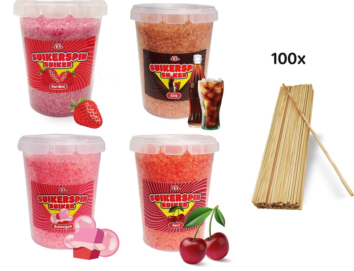 Suikerspin Suiker - Aardbei - Cola - Bubbelgum - Kers incl. ± 100 suikerspin stokjes  - 4 potten x 400 gram