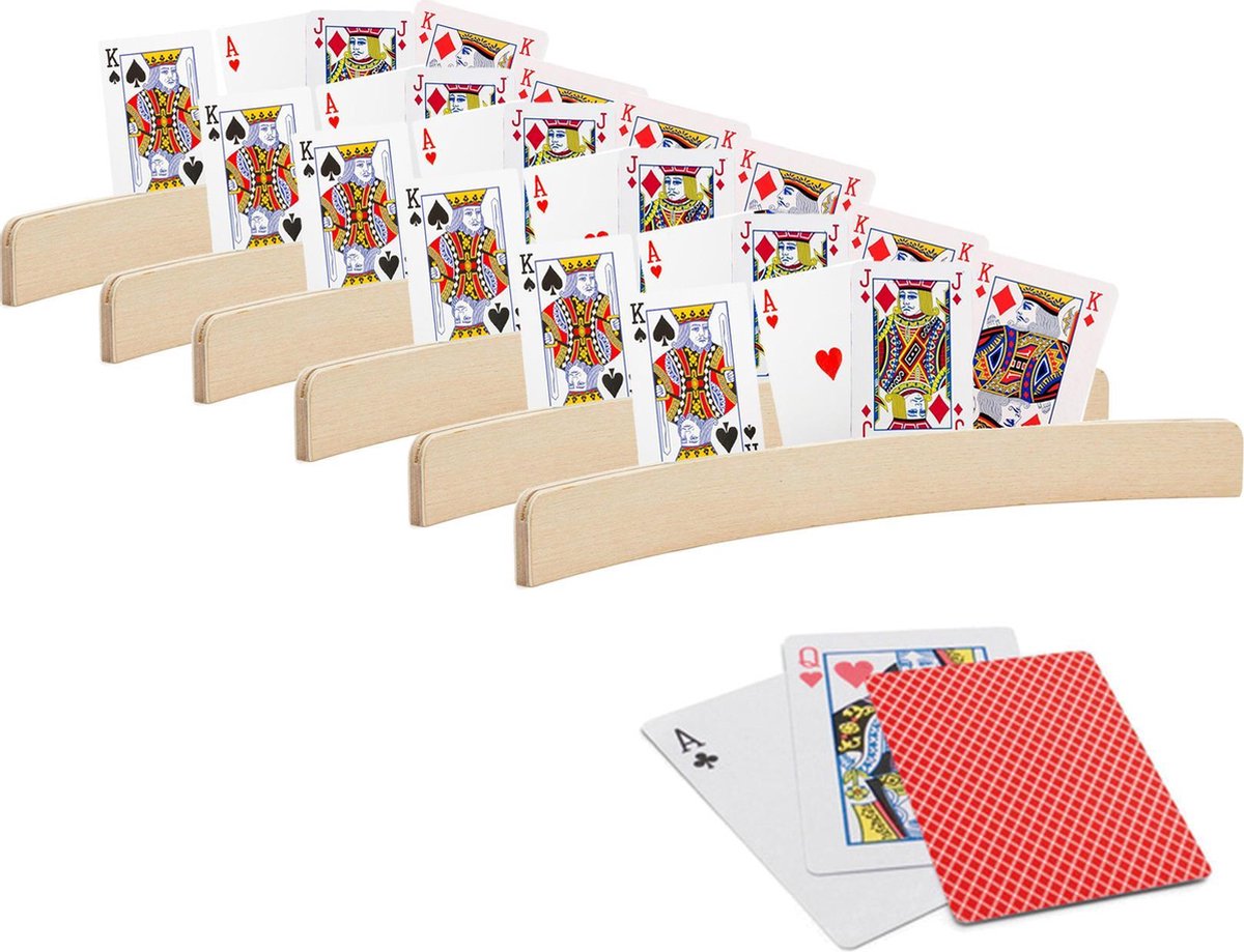 6x stuks Speelkaarthouders - inclusief 54 speelkaarten rood geruit - hout - 35 cm - kaarthouders