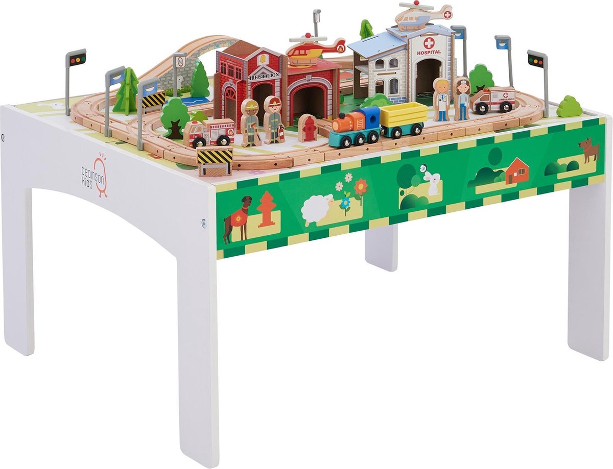 Teamson Kids Houten Speelgoed Treinrails set voor Kinderen (85 stuks) met Tafel