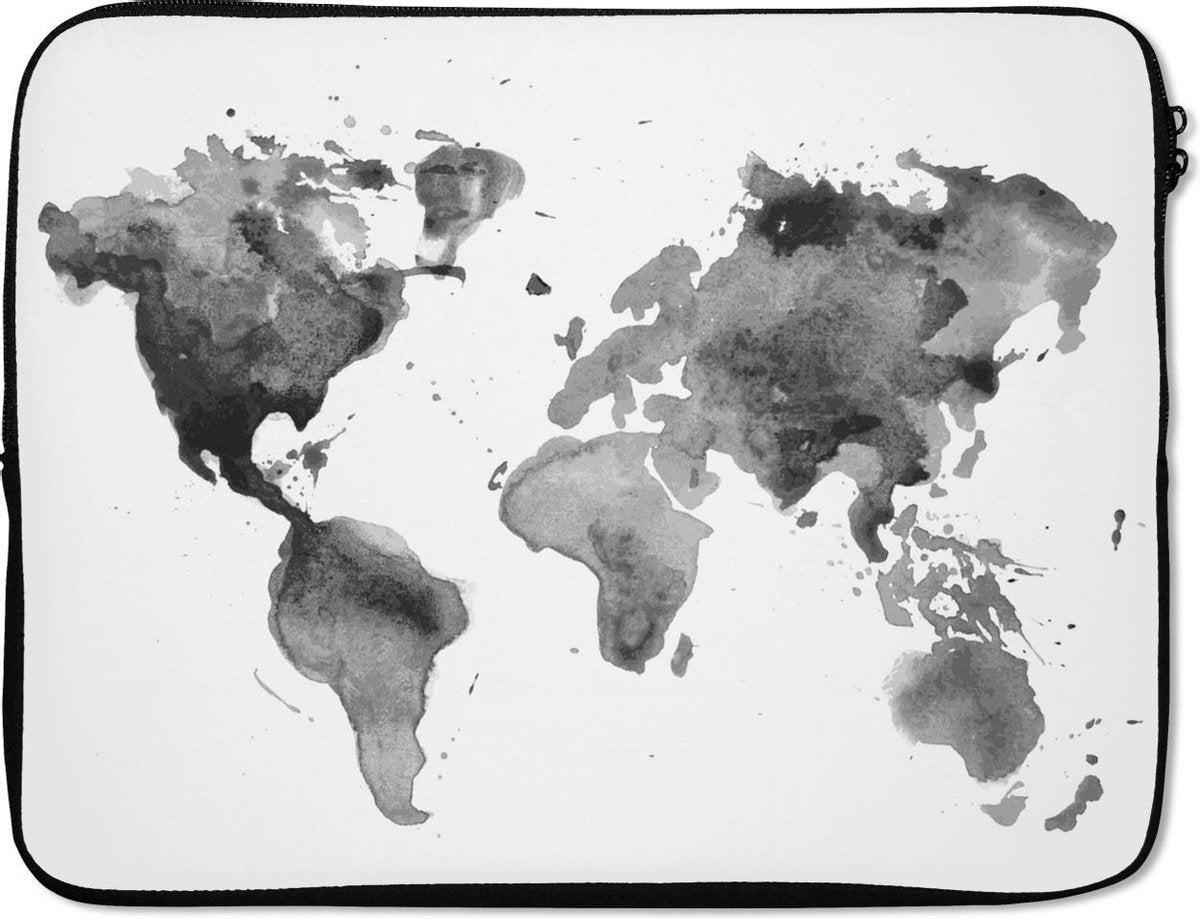 Laptophoes 17 inch - Wereldkaart - Aquarel - Zwart - Laptop sleeve