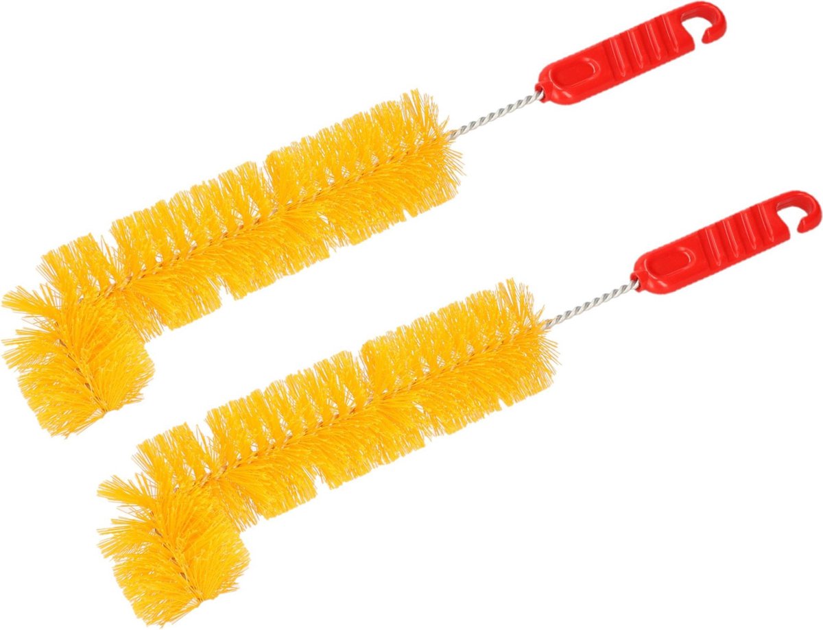 Set van 2x stuks kunststof radiatorborstels/verwarmingsborstels oranje/rood L-vorm 36 cm - Schoonmaakborstels/rager verwarming