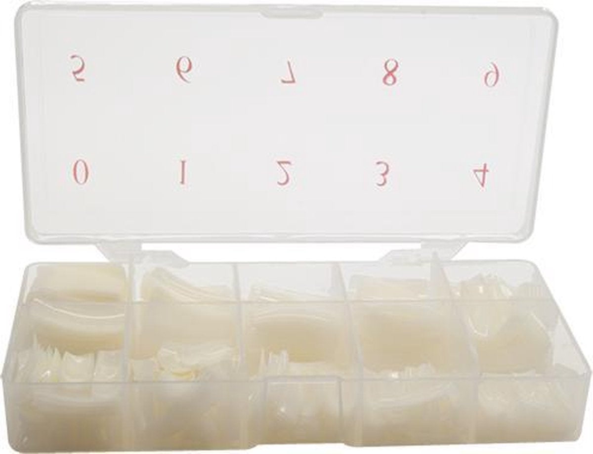 Tips met groot opzet stuk naturel en  tip lijm extra strong - box 500 st -Nageltips- kunstnagels - verlengtips - nagelverlenging - nagellijm
