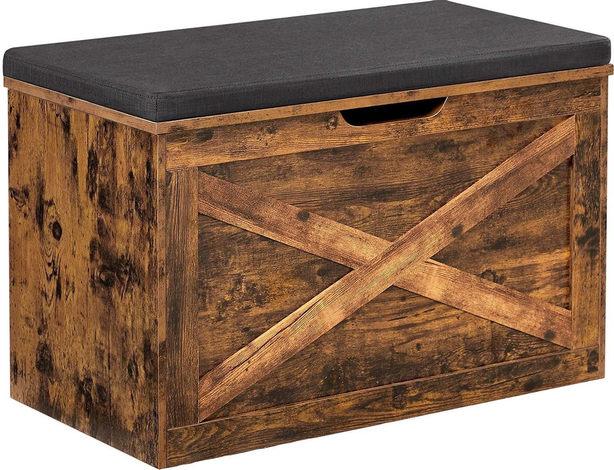 Nancy's Watauga Opbergkist - Schoenbank - Zitkist - Stoffering - Vintage - Industrieel - Bruin - Grijs - Bewerkt Hout - 76 x 40 x 48 cm