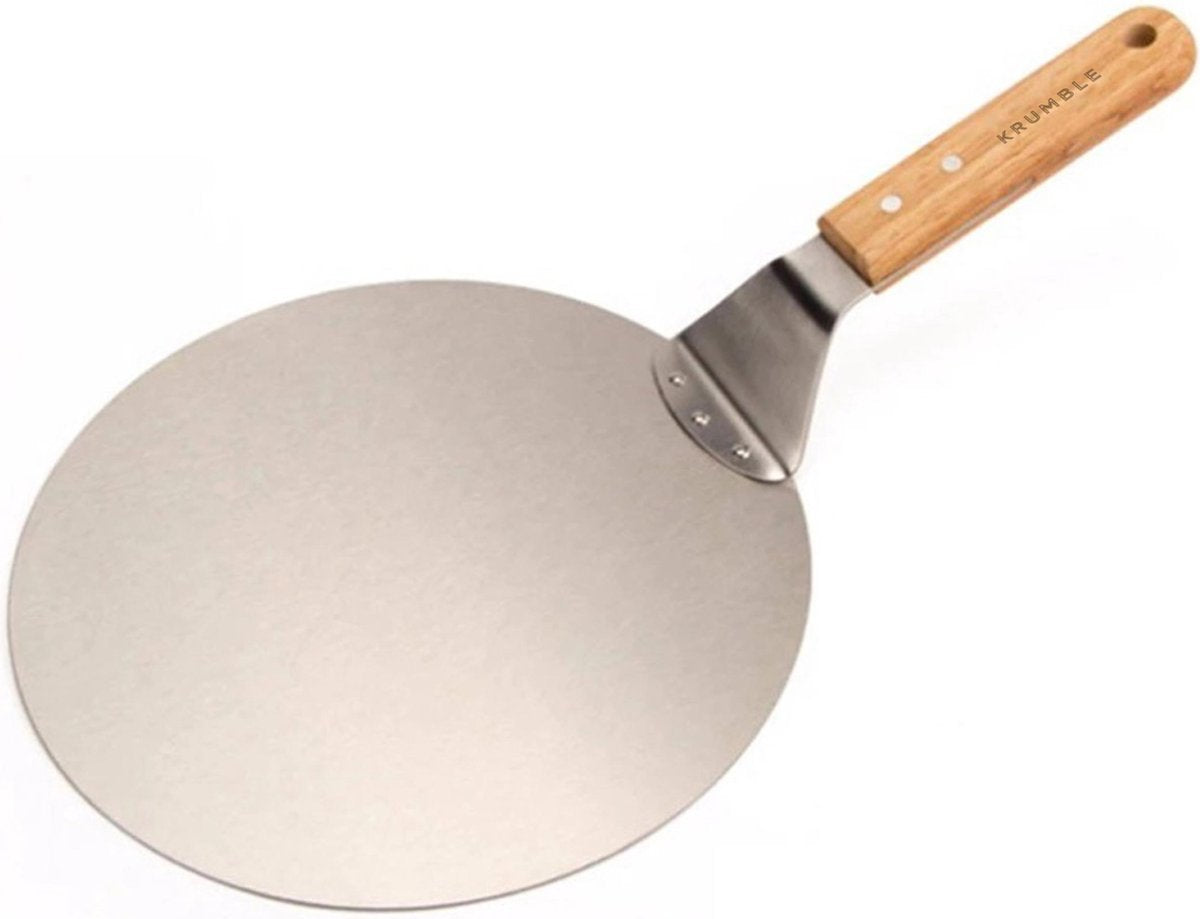 Krumble Pizzaschep - Rond RVS - Voor BBQ of oven - Pizzaspatel - Houten handvat - ø25.5cm diameter