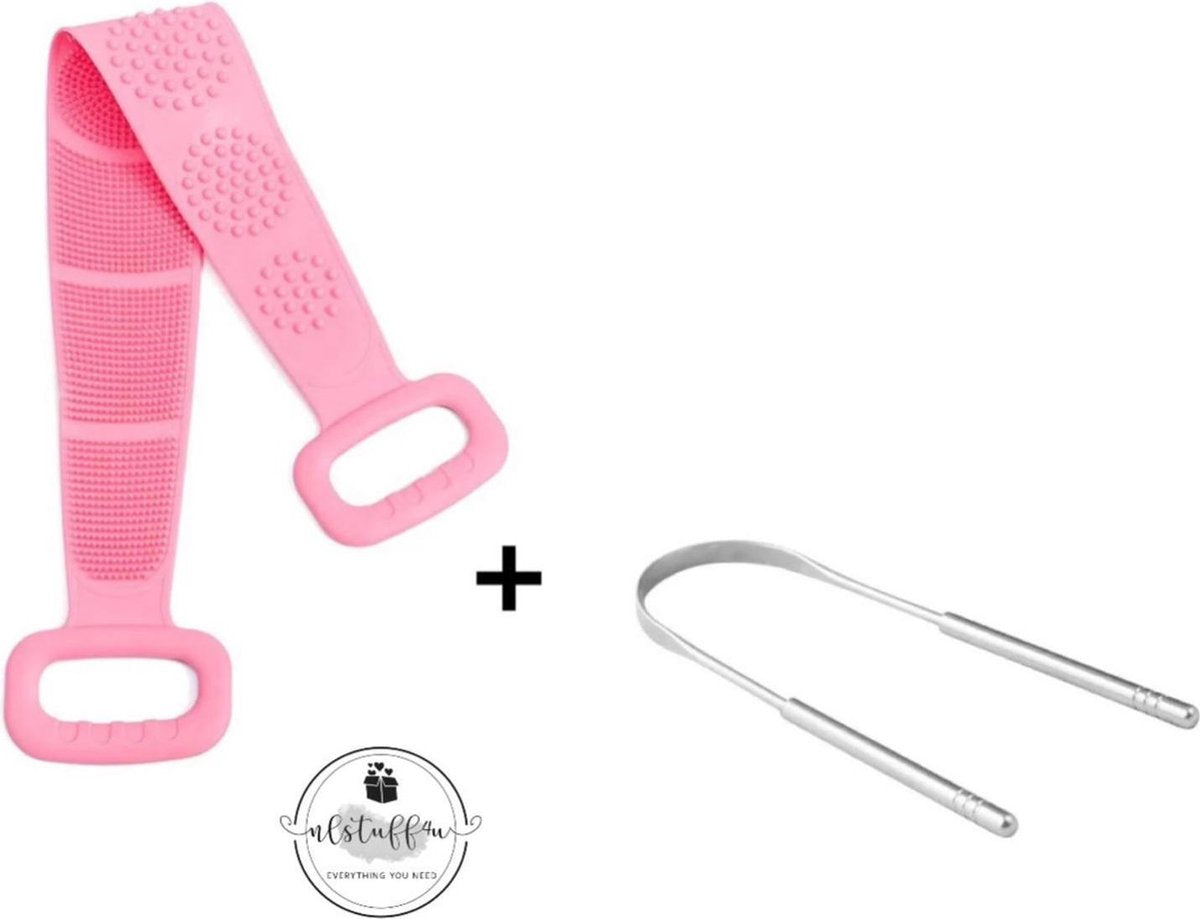 NLStuff4u - Ergonomische Rug Schrubber + Gratis Tongreiniger - Roze - Rug Schrobber - Rug Borstel - Lichaamsborstel - Douchborstel - Badborstel - Massage Borstel Dubbelzijdig