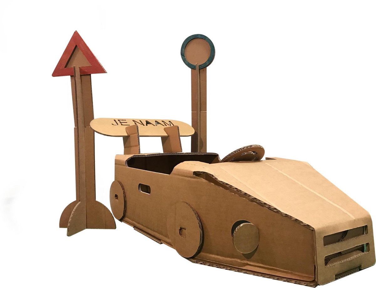 KarTent - Kartonnen Speelauto met Twee Verkeersborden - Cadeau van Duurzaam Karton