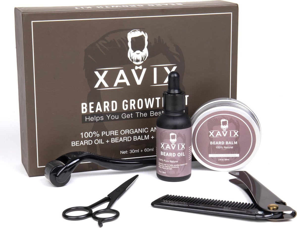 XAVIX Baardgroei serum - Verzorgende Baardgroei Set – 5 stuks set - Dermaroller – Baardolie – Schaar - Kam - Baardverzorgingsproducten – Cadeau set