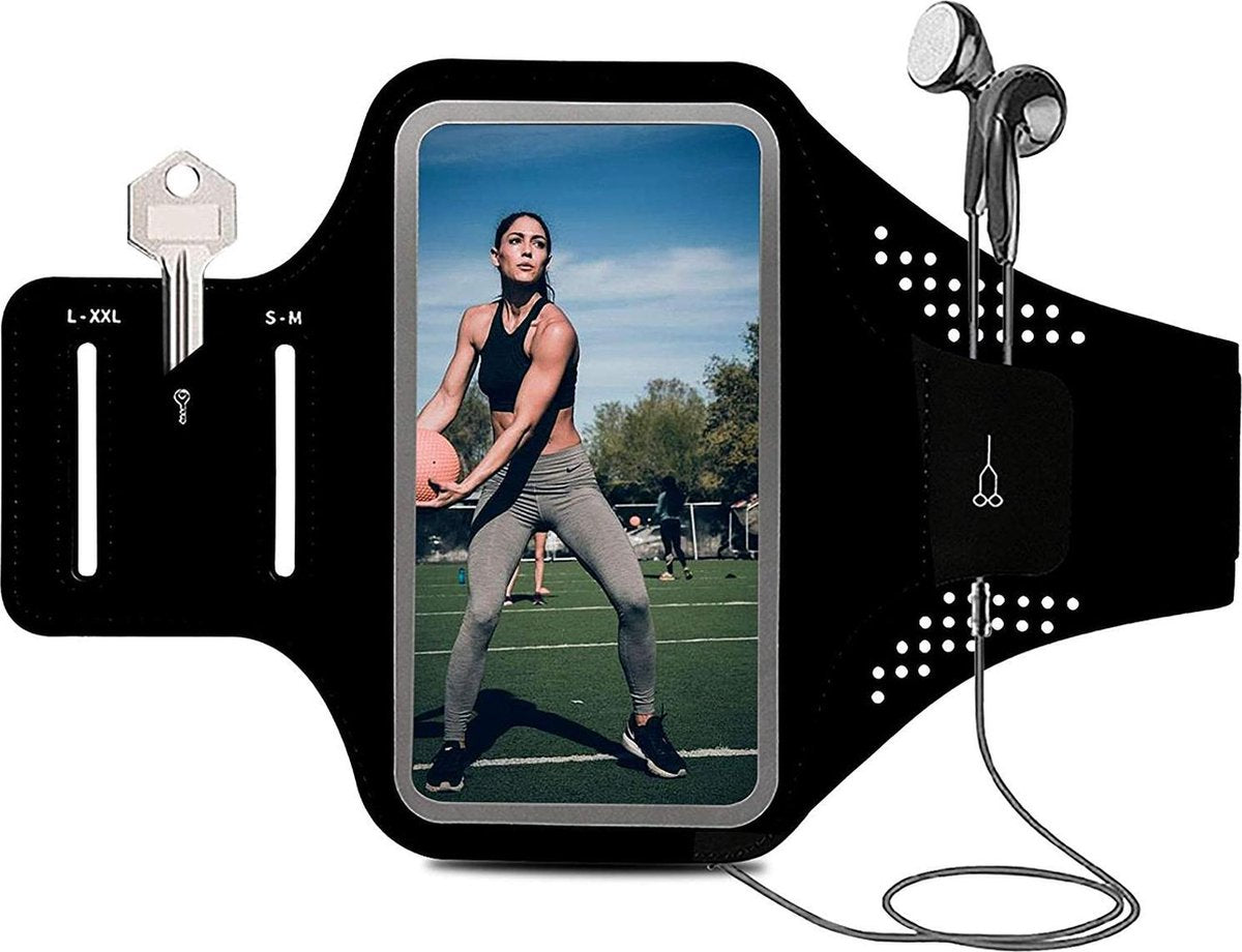 Universele Smartphone Hardloop Armband - Reflecterende Sportarmband - Inclusief ruimte voor 10 pasjes en 2 sleutels- Hardloopband - Smartphone Houder / Geschikt voor iPhone 12 Pro / 11 / XS / X / 8 / 7 - 100% Spatwaterdicht - Zwart