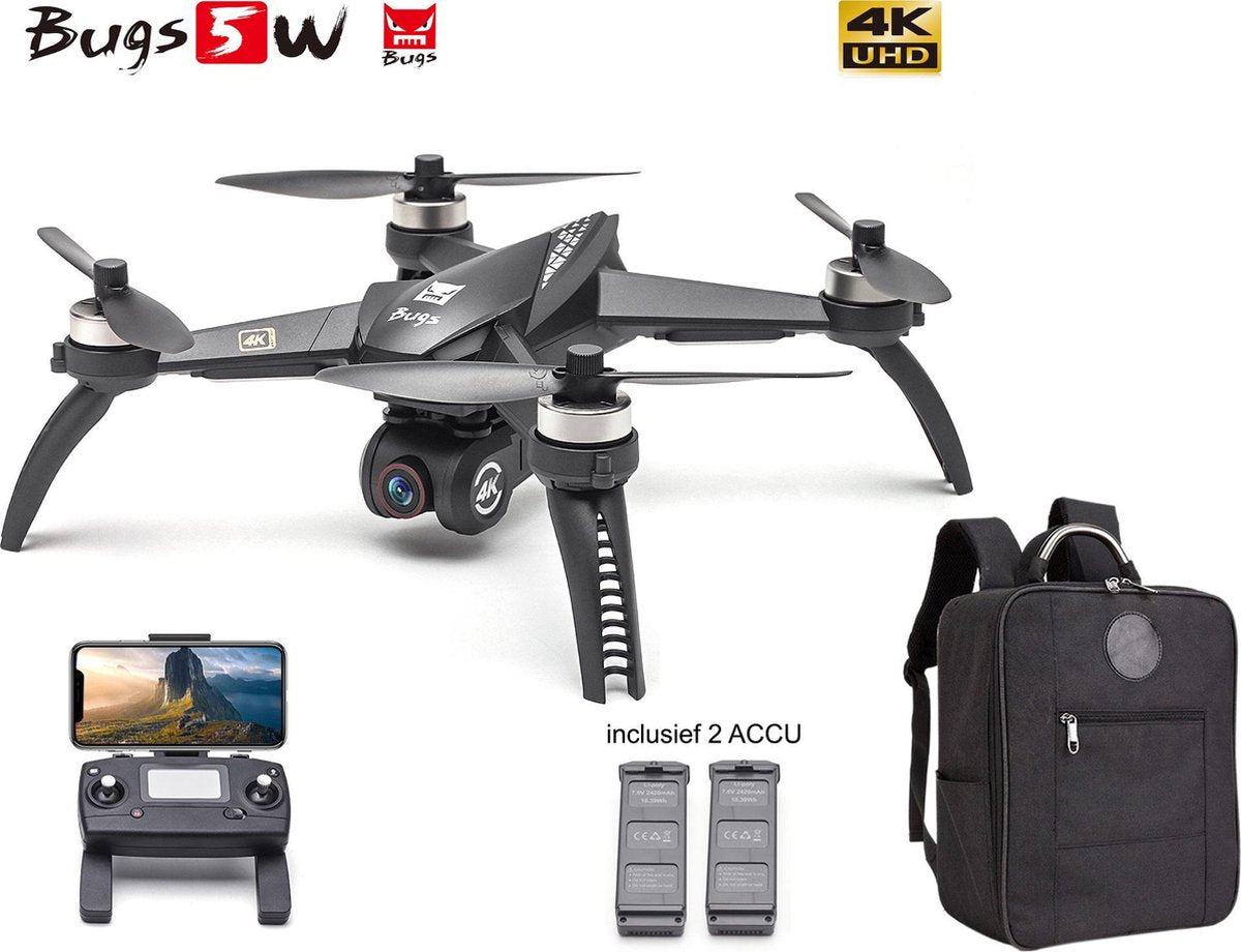 Drone Bugs 5W met 4K Ultra HD live camera + GPS 1000M en volgsysteem - Brushless motoren - Extra accu pack en Origineel Opbergtas !