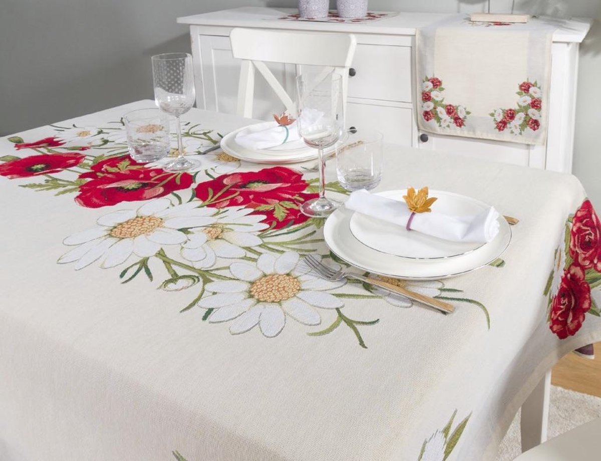 Tafelloper- luxe gobelin - Poppy - Klaproos - Loper 140 cm