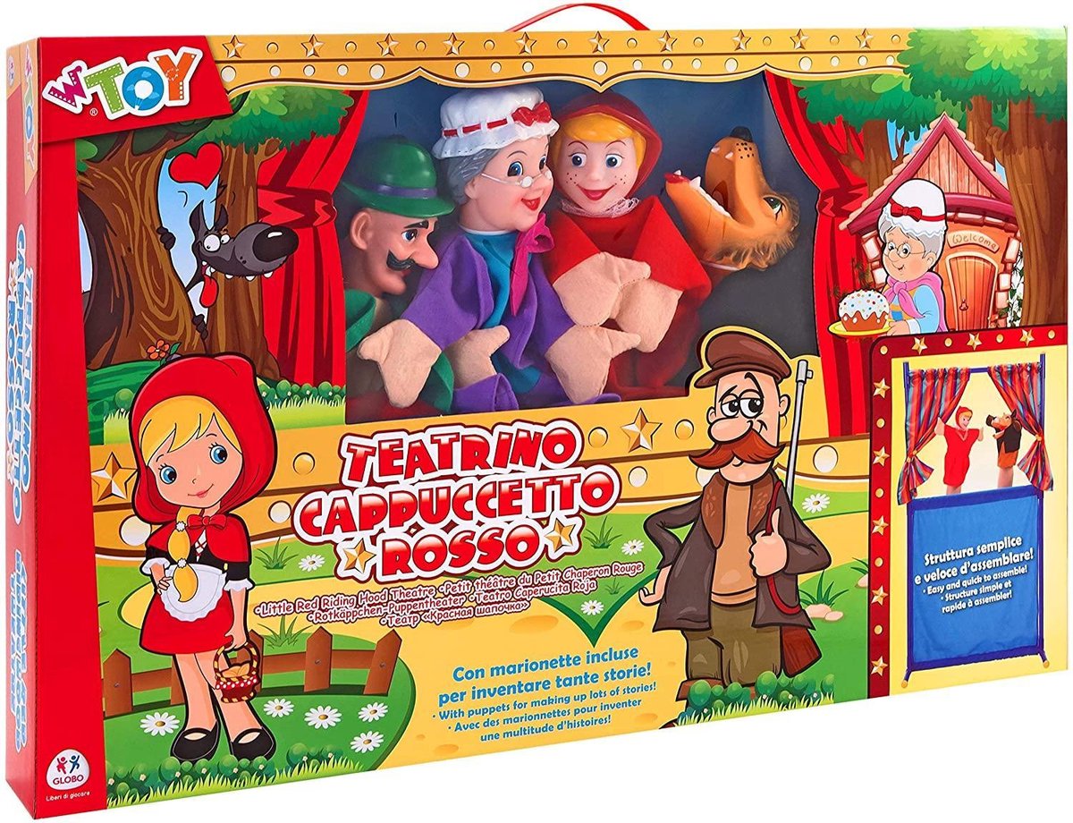 poppenkast -w'toy puppet theatre met 4 poppen 68 x 135 cm - (WK 02123)
