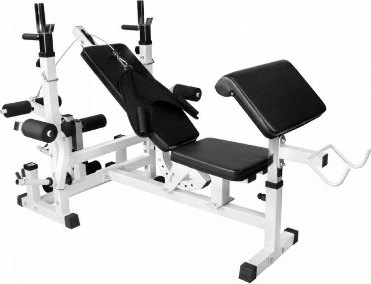 Gorilla Sports Universele Halterbank - Inclusief curlrack en kabels - Verstelbaar - Belastbaar tot 280 kg - Wit