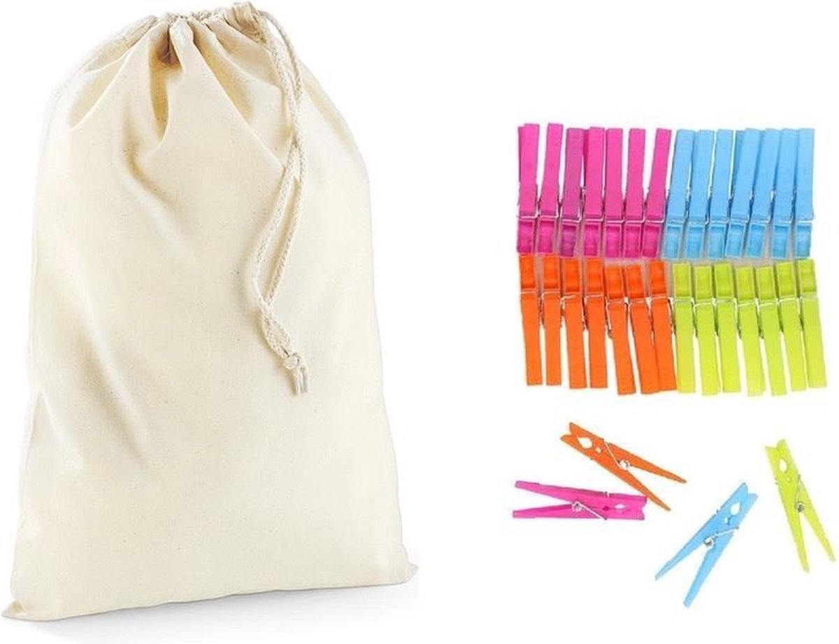 Wasknijperzakje / tasje met afsluitkoord en 32 plastic wasknijpers in verschillende kleuren - knijperzak / opbergtas