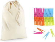 Wasknijperzakje / tasje met afsluitkoord en 32 plastic wasknijpers in verschillende kleuren - knijperzak / opbergtas