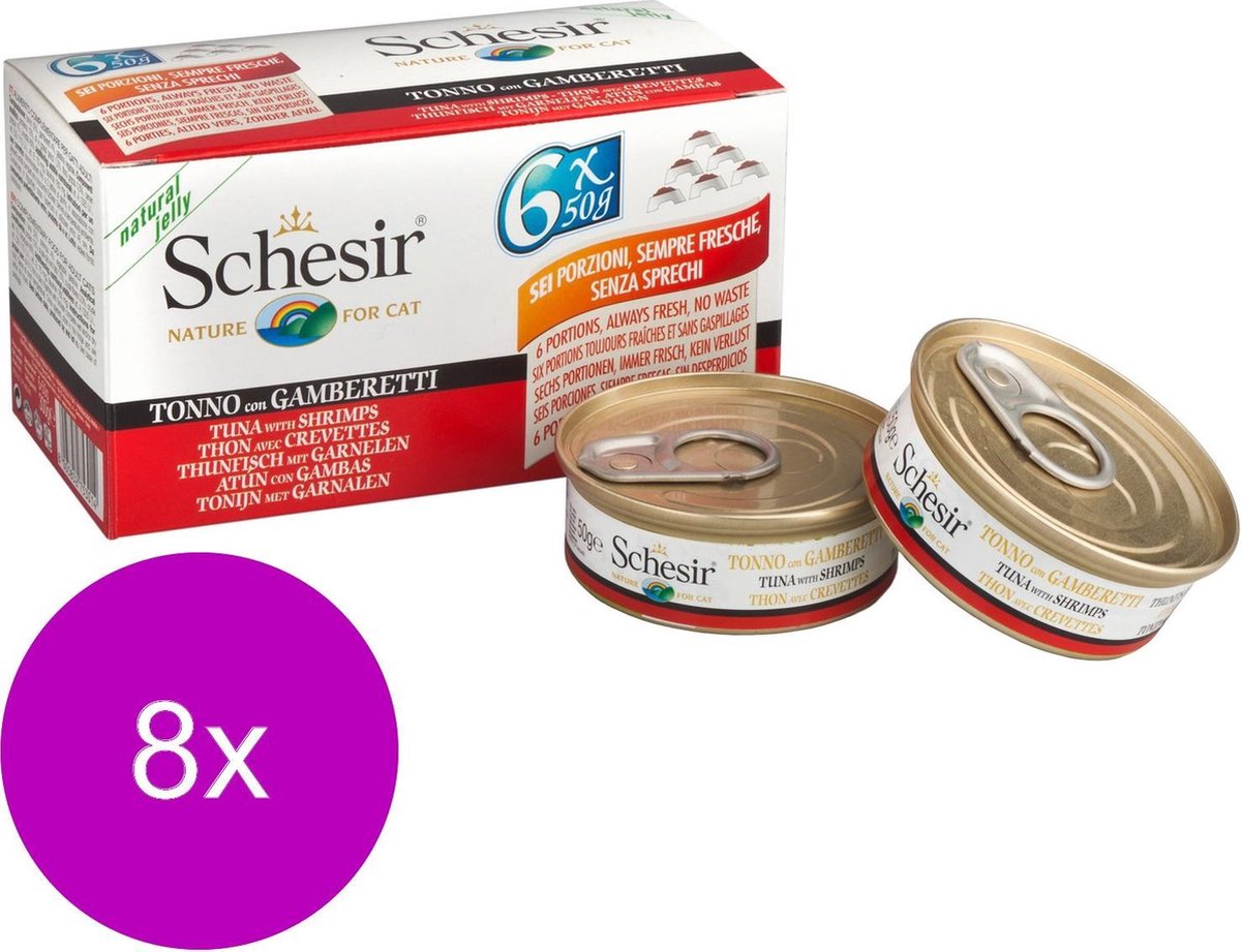 Schesir Kat Mp Blik Gelei 6x50 g - Kattenvoer - 8 x Tonijn&Garnaal
