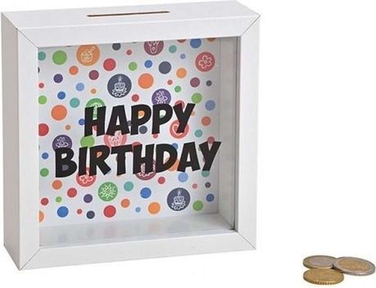 Houten witte spaarpot met glas 15 cm - Houten noodbox spaarpotten - Cadeau idee