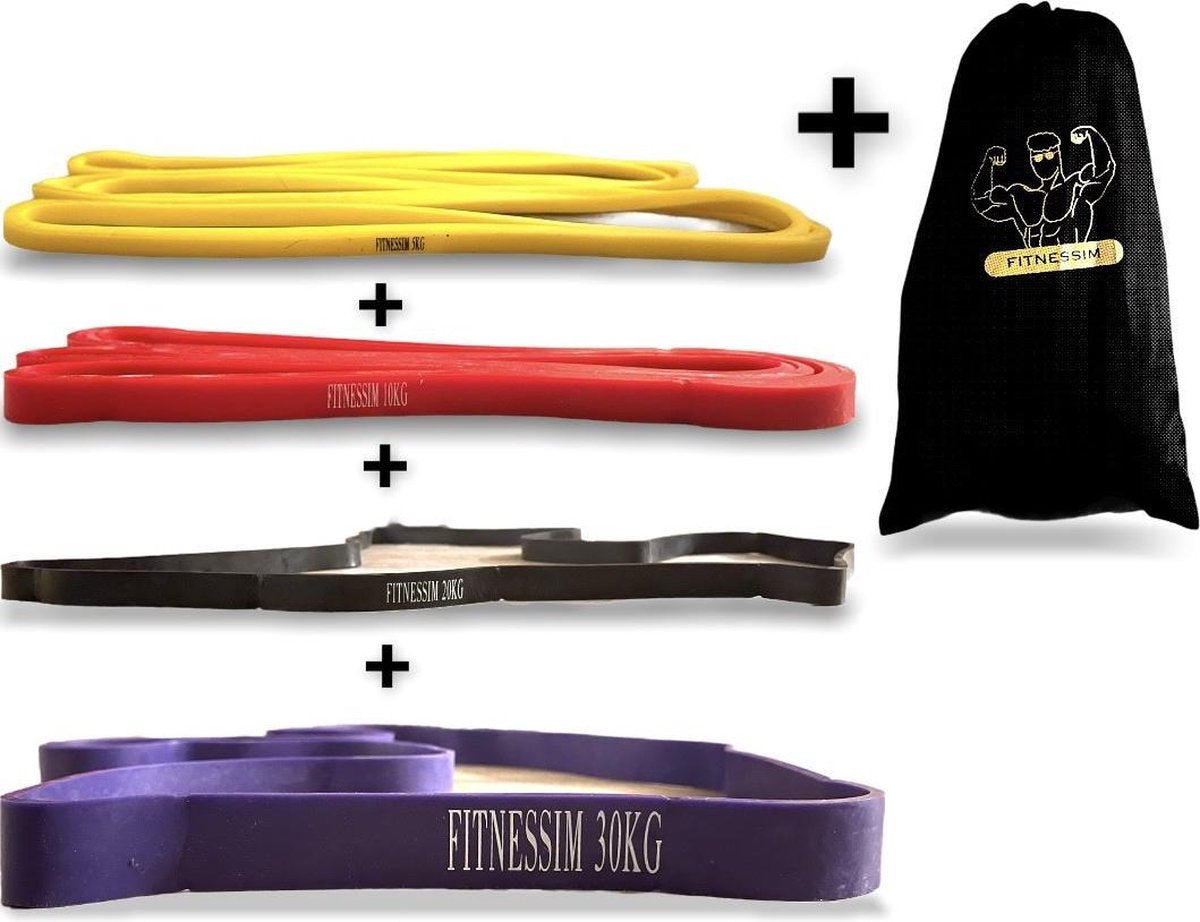 Fitnessim - Weerstandsband Set - 5 kg - 10 kg - 20 kg - 30 kg - 65 kg - Crosstraining set - Fitness elastiek set - Elastiek set - Pull Ups - Push Ups - Elastiek Weerstandsband - Power band set - Kracht - Training - biceps - Triceps - Squats - Benen