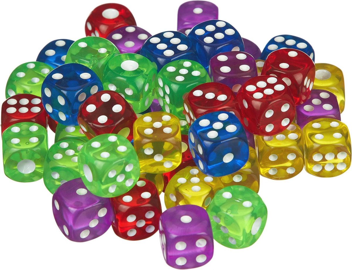 scarlet play | Kubusenset "Casino 50" met 50 stuks in stoffen zak; in standaard formaat voor 6-zijdige kubussen van 16 mm; spelletjes zoals in een casino. Kleurrijk