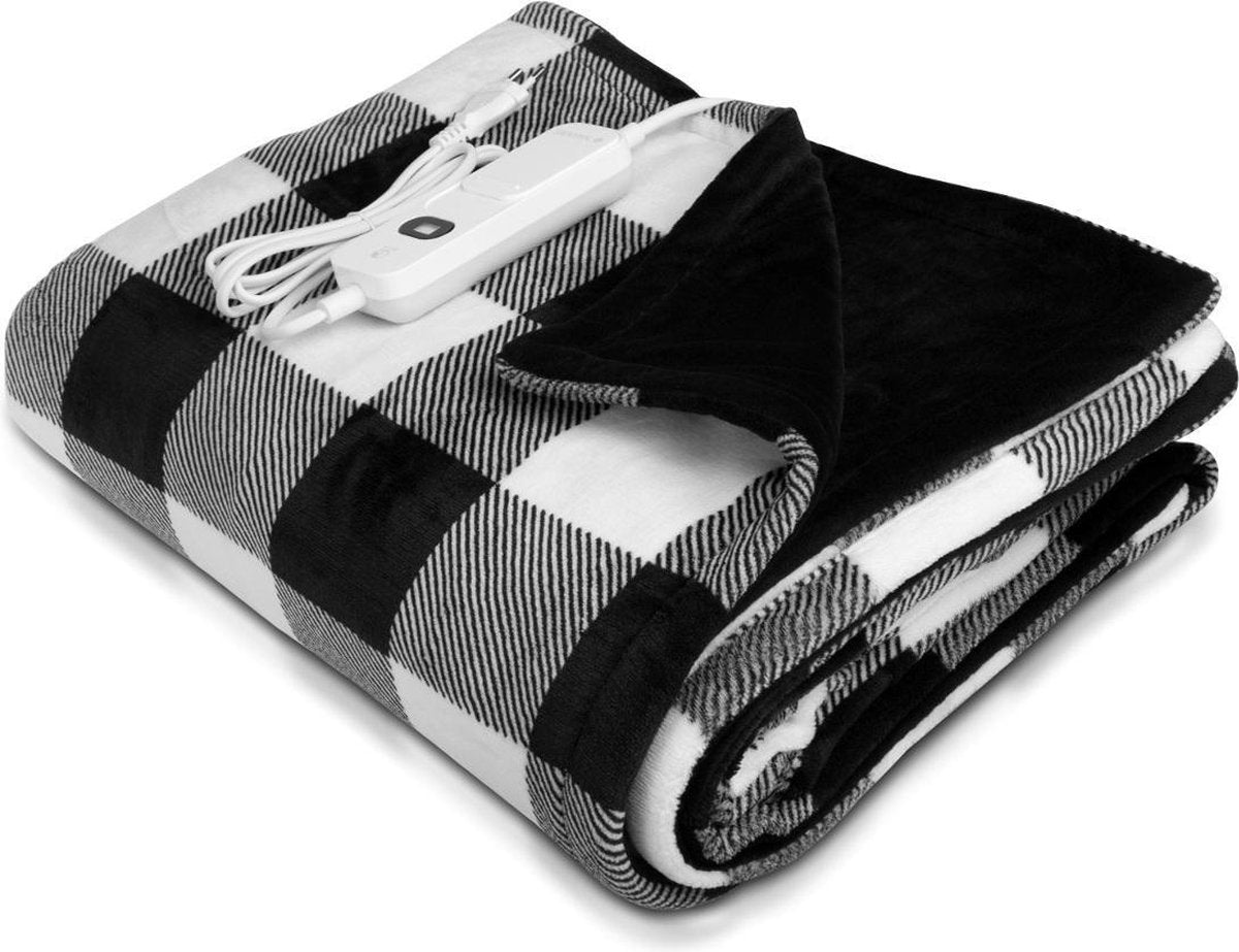 XXL Elektrische poncho verwarmingsdeken - 180x130 cm 3 warmtestanden automatische uitschakeling wasbaar - knuffelige warmtedeken donkerblauw wit
