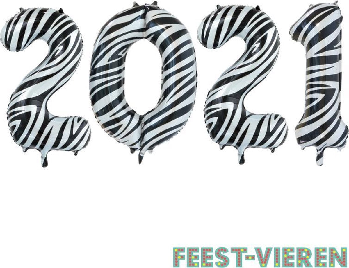 Folieballon 2021 zebra 86cm | Oud & Nieuw Versiering | Nieuwjaar ballonnen