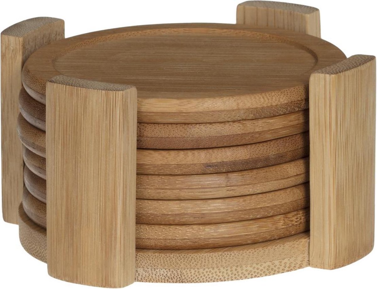 Atmosphera Onderzetter set bamboe met houder - Set van 6 - Glas onderzetter - Dia 9.8cm