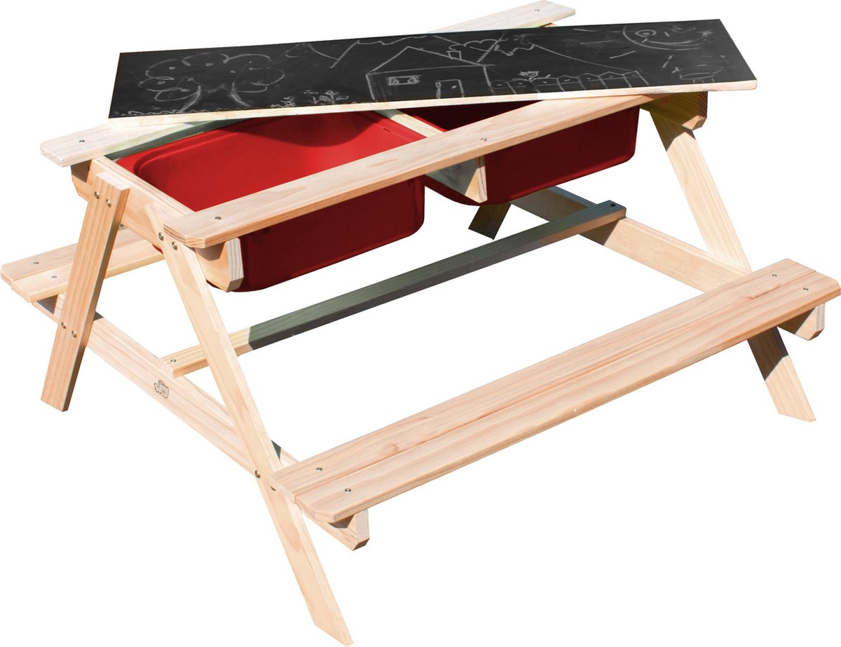 Sunny Dual Top 2.0 Zand & Water Picknicktafel - FSC Hout - Krijtbord en 2 rode bakken