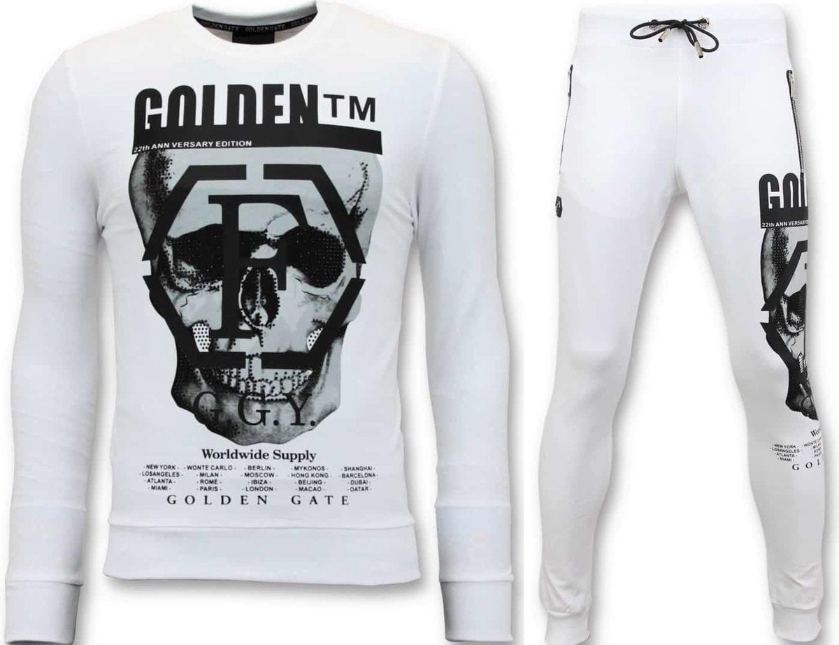 ENOS Trainingspak Heren met Print - Blanco Doodskop - Wit - Maat: XXL