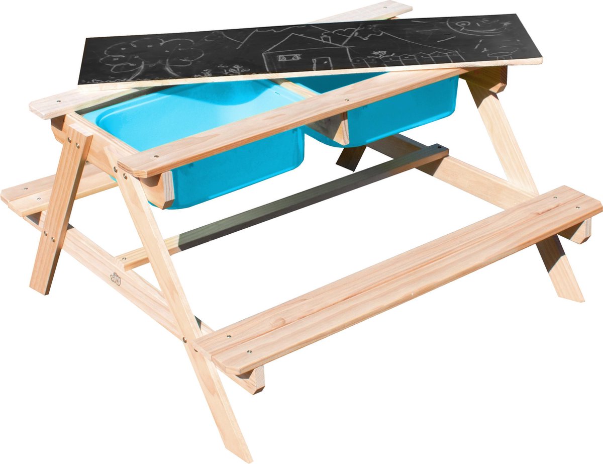 Sunny Dual Top 2.0 Zand & Water Picknicktafel - FSC Hout - Krijtbord en 2 blauwe bakken