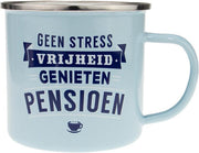 Mok - Top vent - Pensioen - Geëmailleerd - Gevuld met verpakte Sorini bonbons - In cadeauverpakking