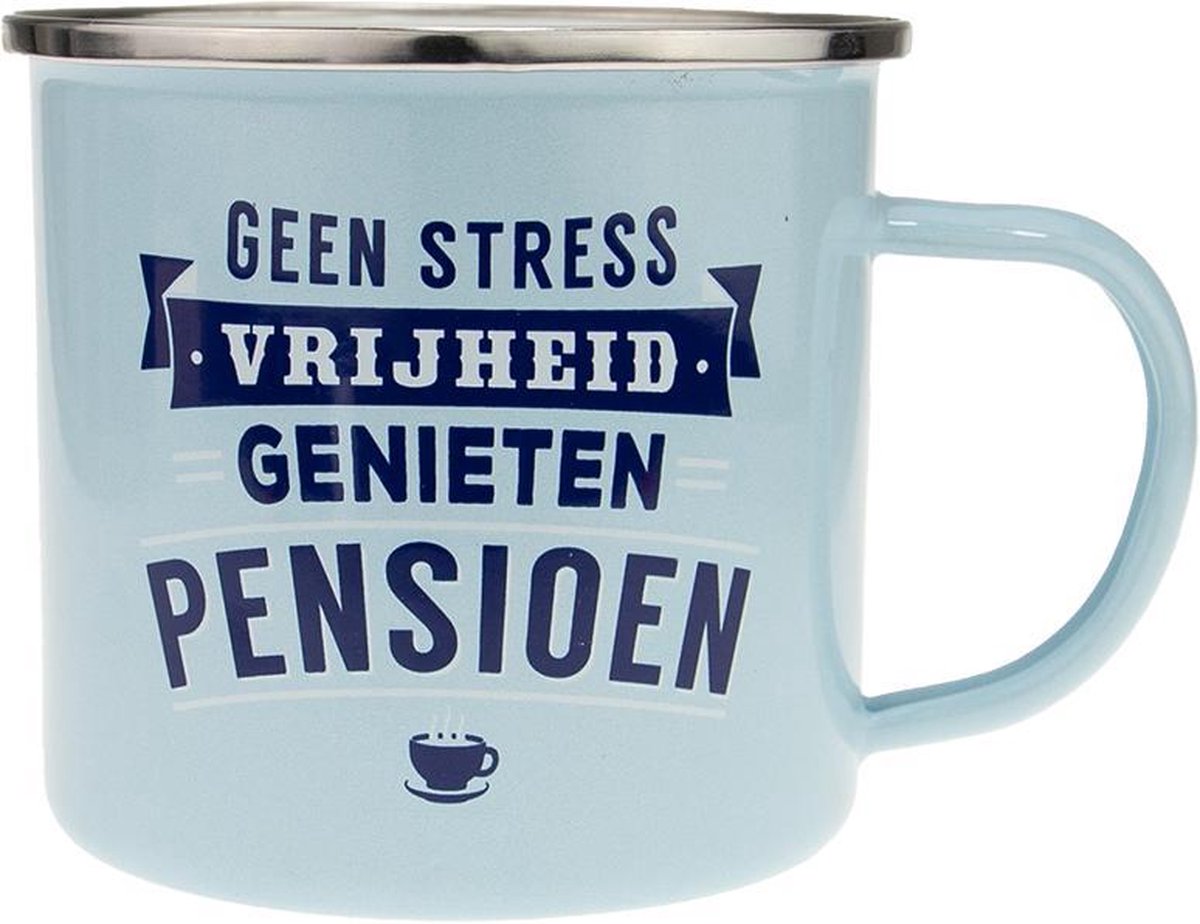 Mok - Top vent - Pensioen - Geëmailleerd - Gevuld met verpakte Sorini bonbons - In cadeauverpakking