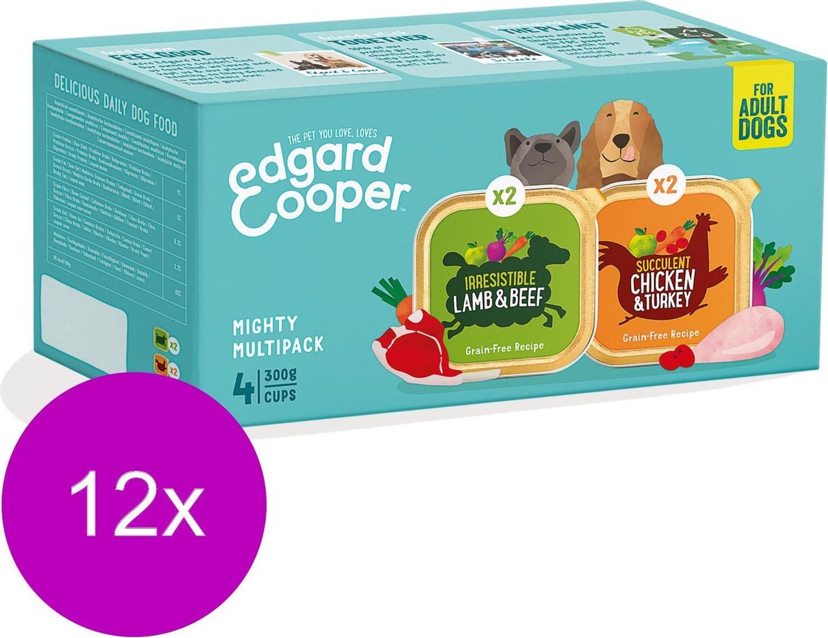 12x Edgard & Cooper Hondenvoer Multipack Kip & Kalkoen - Lam & Rund 4 x 300 gr