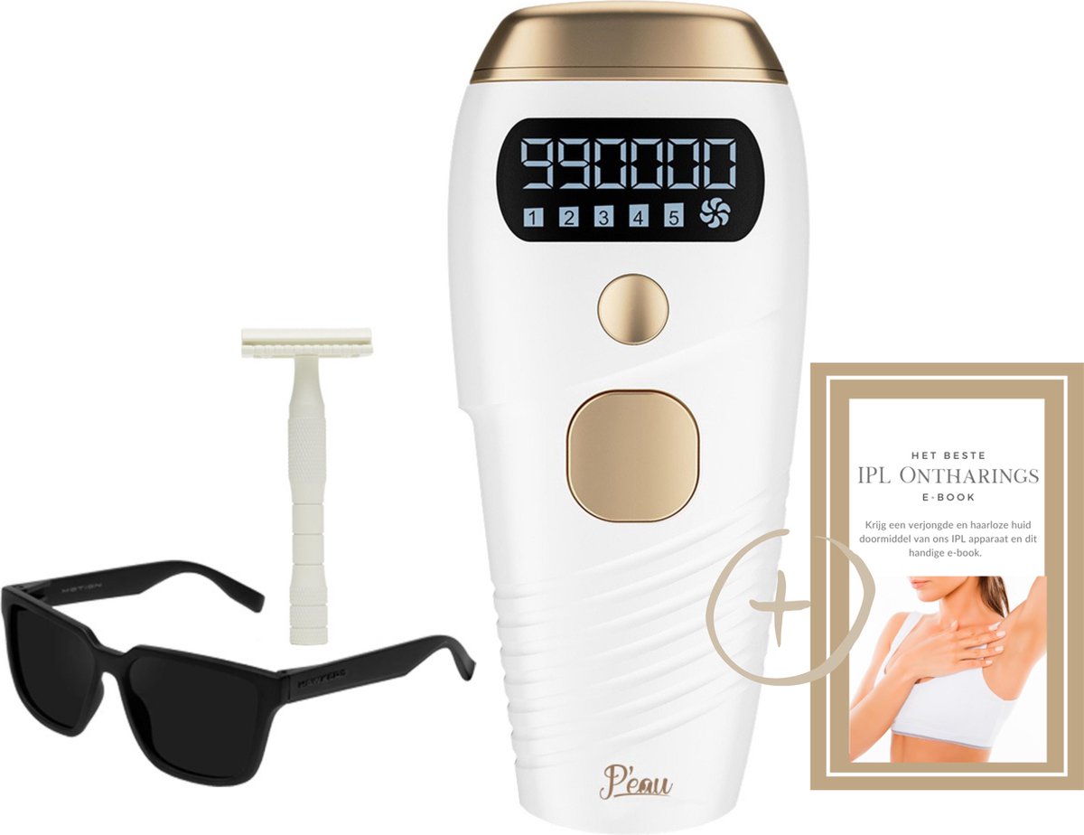 P'eau Professionele - IPL Kit met Beschermende Bril - Lichtontharing - 999 000 flitsen - Wit met Goud