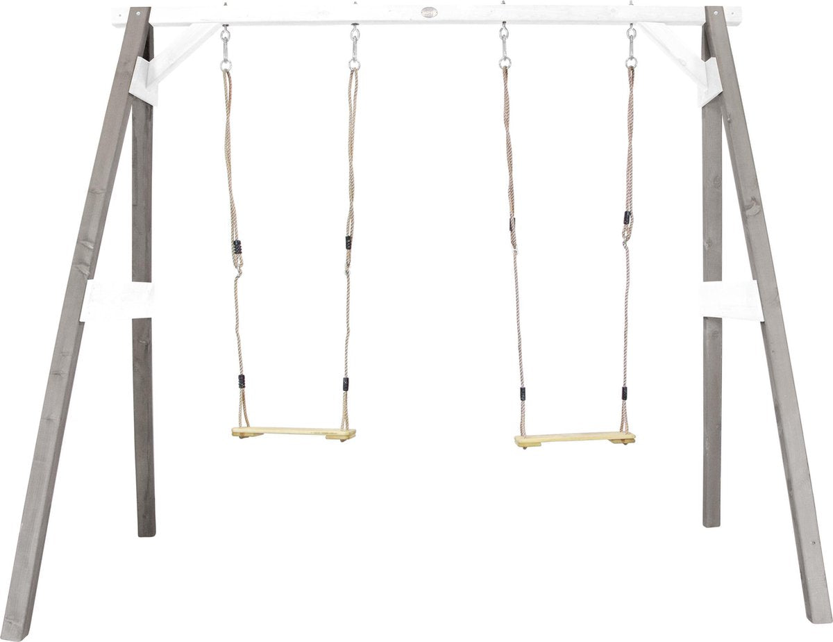 Dubbele Schommel Grijs/wit - FSC100% hout - 2 schommelzitjes en 4 grondankers - 10 jaar garantie!