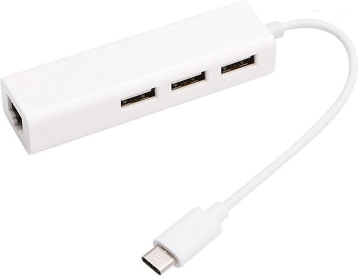 Coretek USB-C naar RJ45 Fast Ethernet LAN adapter met 3-poorts USB hub - USB2.0 - CAT5 / wit - 0