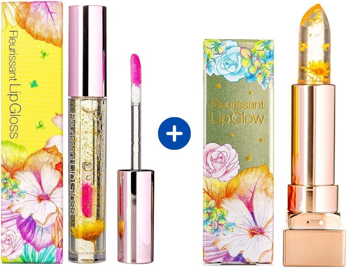Glamfox Fleurissant Honey Flower Lipgloss + Lipstick Set - Lip Plumper Met 24 Karaat Goudschilfers en Echte Bloem
