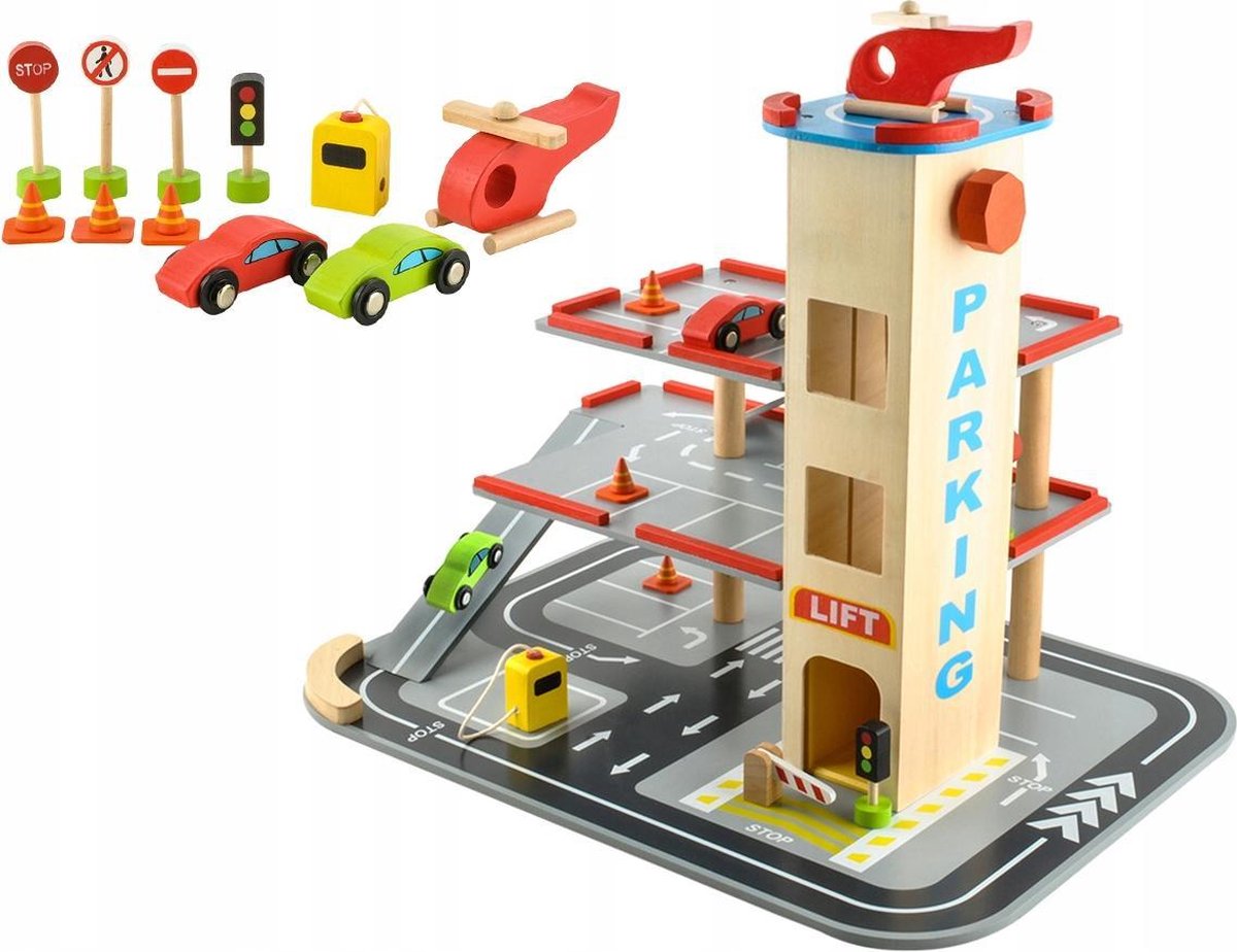Luxe Houten Parkeergarage - Parking Tower Auto Garage - Parkeertoren Speelset Met Accessoires
