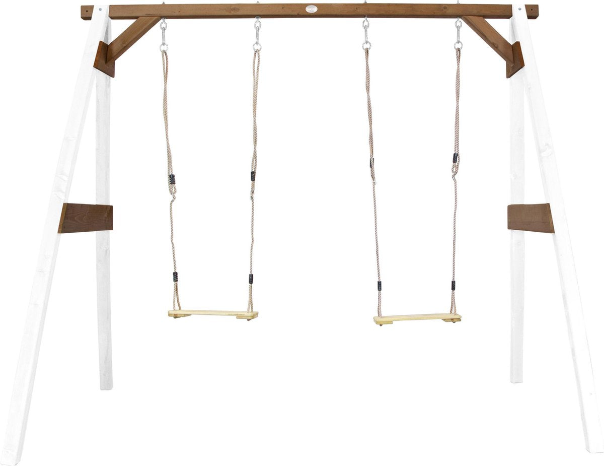 Dubbele Schommel Wit/bruin - FSC100% Hemlock hout - 2 schommelzitjes en 4 grondankers