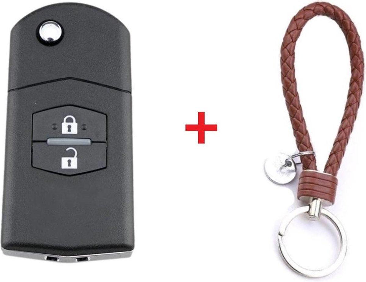 Autosleutel 2 knoppen klapsleutel geschikt voor Mazda sleutel / Mazda MX5 / Mazda 2 / 3 / 5 / 6 / Mazda RX8 / Mazda sleutel + gevlochten bruin PU-lederen sleutelhanger.